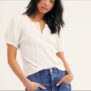 Thermal Waffle Knit Puff Sleeve Lace-Up Cotton Tee